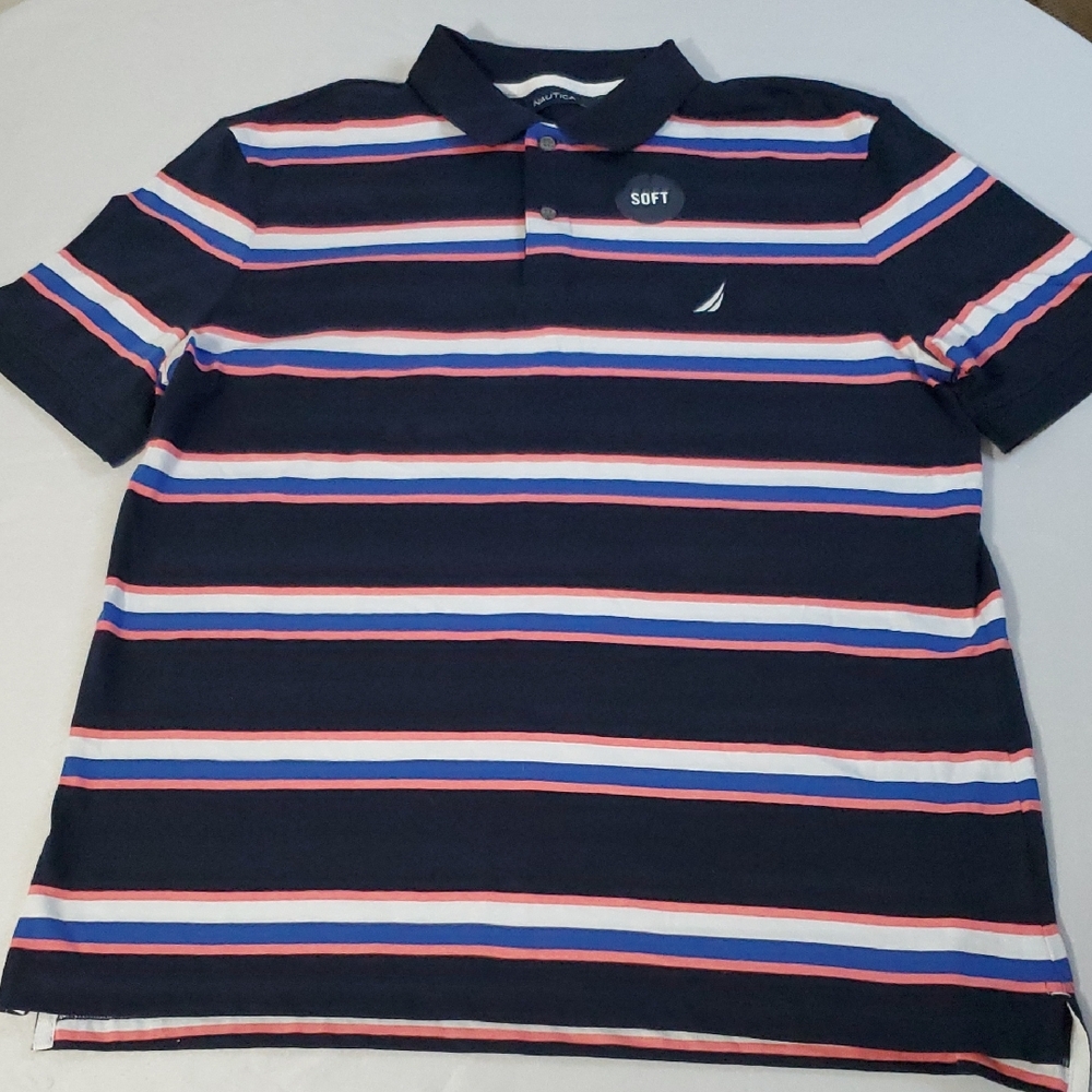 Nautica NWT Navy Pink Blue Striped Cotton Mens Polo Shirt Size XL